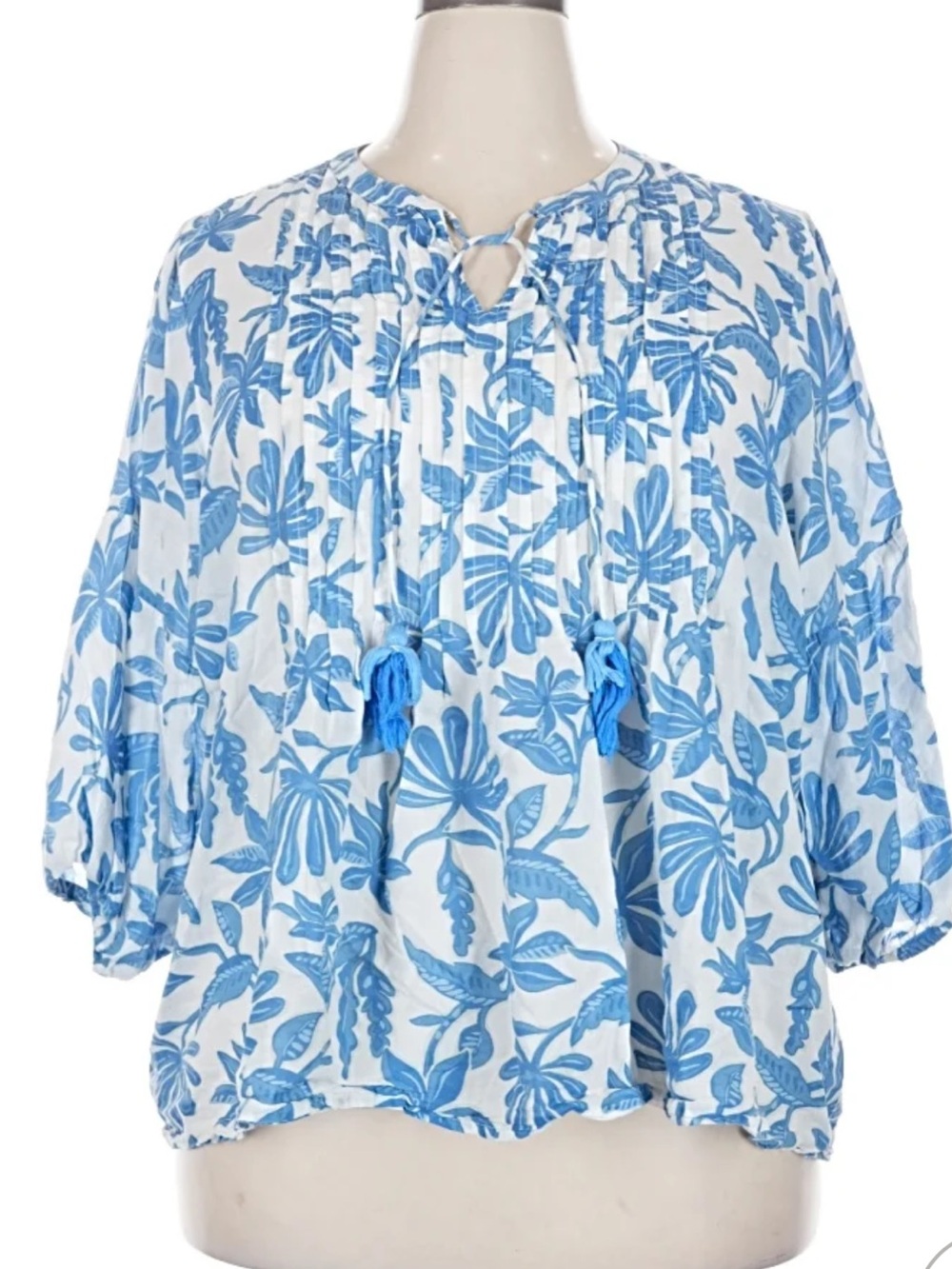 Elie Tahari White Top with Blue Botanical Print and Tie Neck